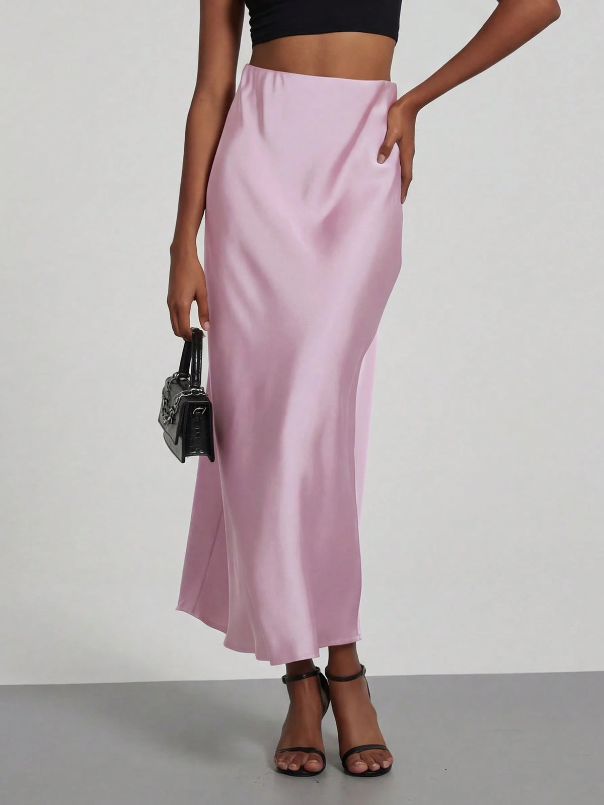 Se-Helo Women's Fashion All-Season Satin-Feel Elastic Waist Skirt- Salmon Pink Spring