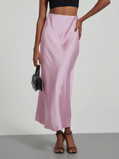 Se-Helo Women's Fashion All-Season Satin-Feel Elastic Waist Skirt- Salmon Pink Spring