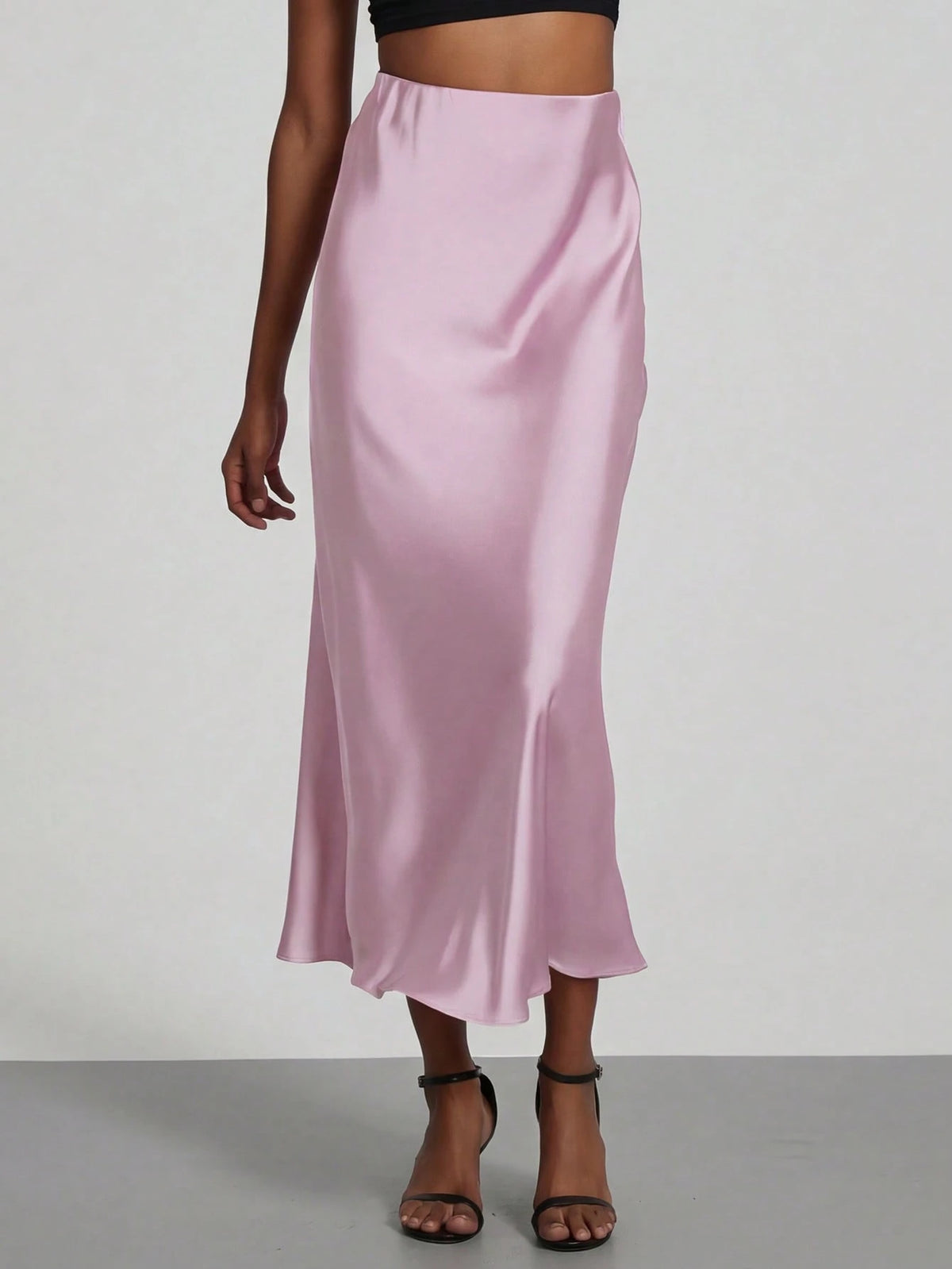 Se-Helo Women's Fashion All-Season Satin-Feel Elastic Waist Skirt- Salmon Pink Spring