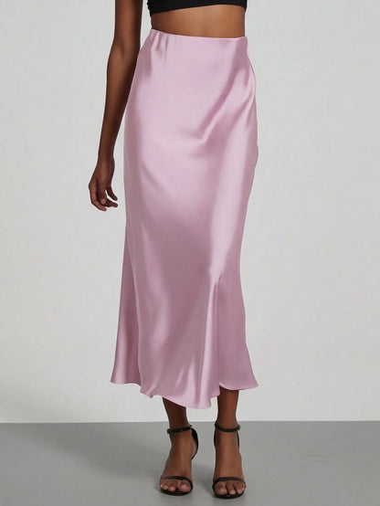 Se-Helo Women's Fashion All-Season Satin-Feel Elastic Waist Skirt- Salmon Pink Spring