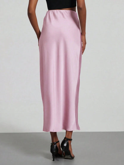 Se-Helo Women's Fashion All-Season Satin-Feel Elastic Waist Skirt- Salmon Pink Spring