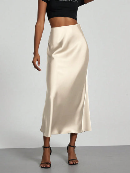 Se-Helo Women's Fashion All-Season Satin-Feel Elastic Waist Skirt- Salmon Pink Spring