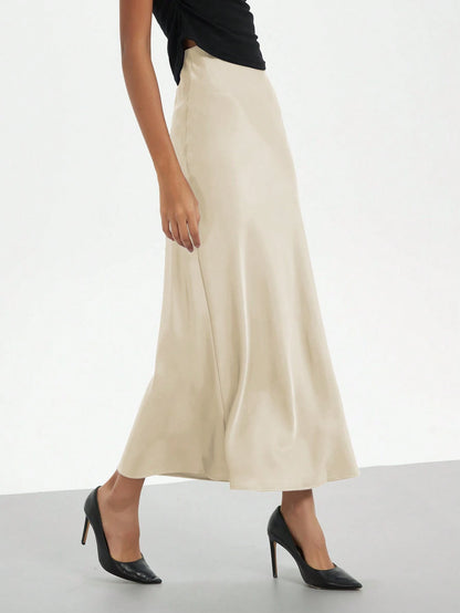 Se-Helo Women's Fashion All-Season Satin-Feel Elastic Waist Skirt- Salmon Pink Spring