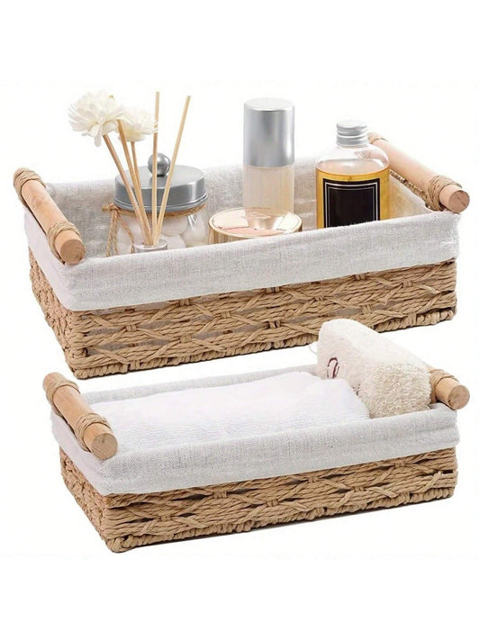 Set Of 2 Storage Basket Wicker Baskets For Organizing With Handle Decorative Storage Bins For Countertop Toilet Paper Storage Basket For Toilet Tank Top Small Baskets Set
