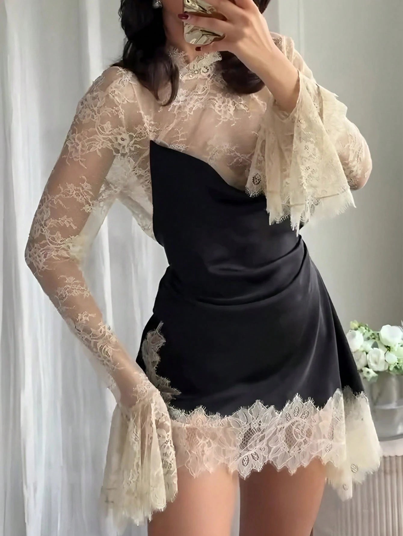 Sexy Lace Patchwork Dress, Contrast Color Bell Sleeve Short Dress, Fashionable Elegant Women Evening Gown Party Spring Black