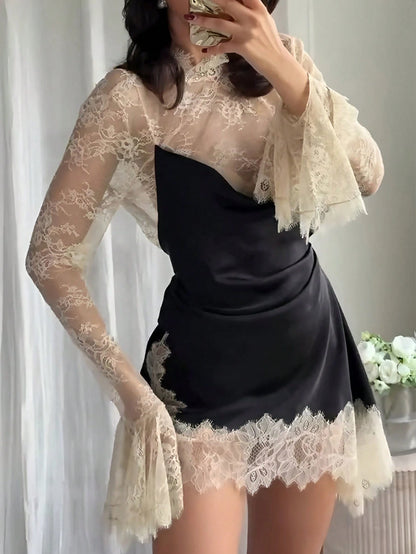 Sexy Lace Patchwork Dress, Contrast Color Bell Sleeve Short Dress, Fashionable Elegant Women Evening Gown Party Spring Black