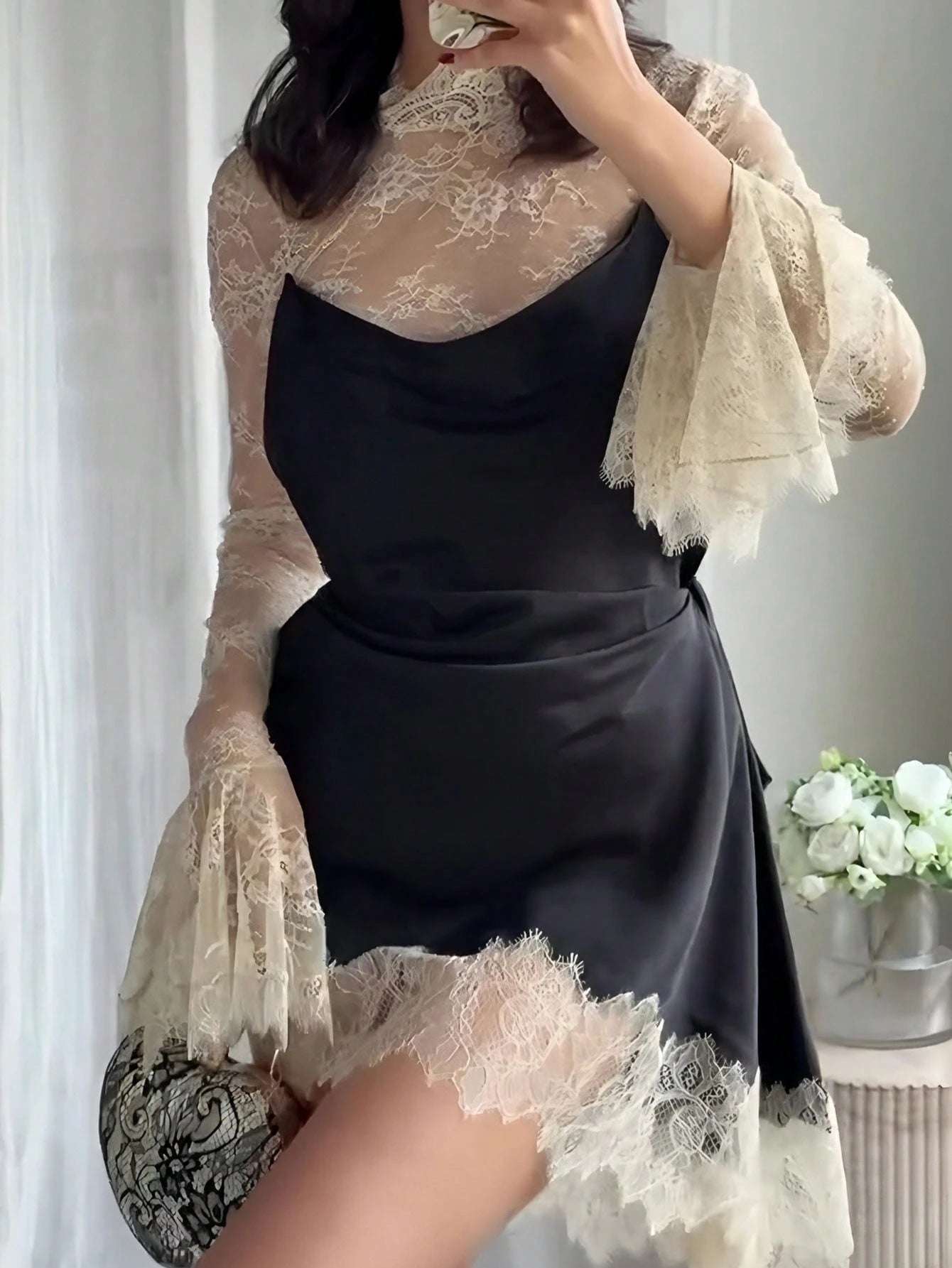 Sexy Lace Patchwork Dress, Contrast Color Bell Sleeve Short Dress, Fashionable Elegant Women Evening Gown Party Spring Black