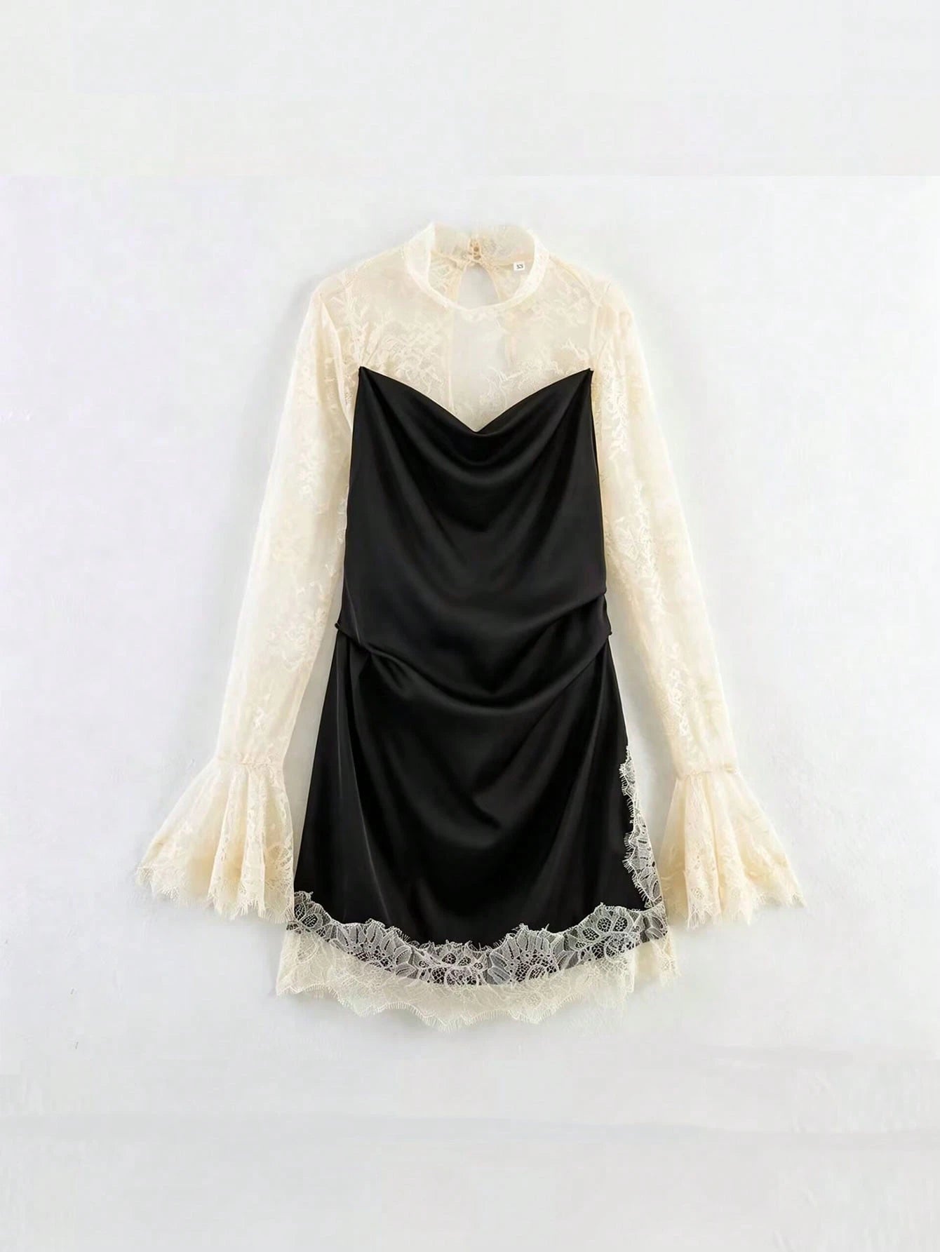Sexy Lace Patchwork Dress, Contrast Color Bell Sleeve Short Dress, Fashionable Elegant Women Evening Gown Party Spring Black