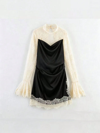 Sexy Lace Patchwork Dress, Contrast Color Bell Sleeve Short Dress, Fashionable Elegant Women Evening Gown Party Spring Black