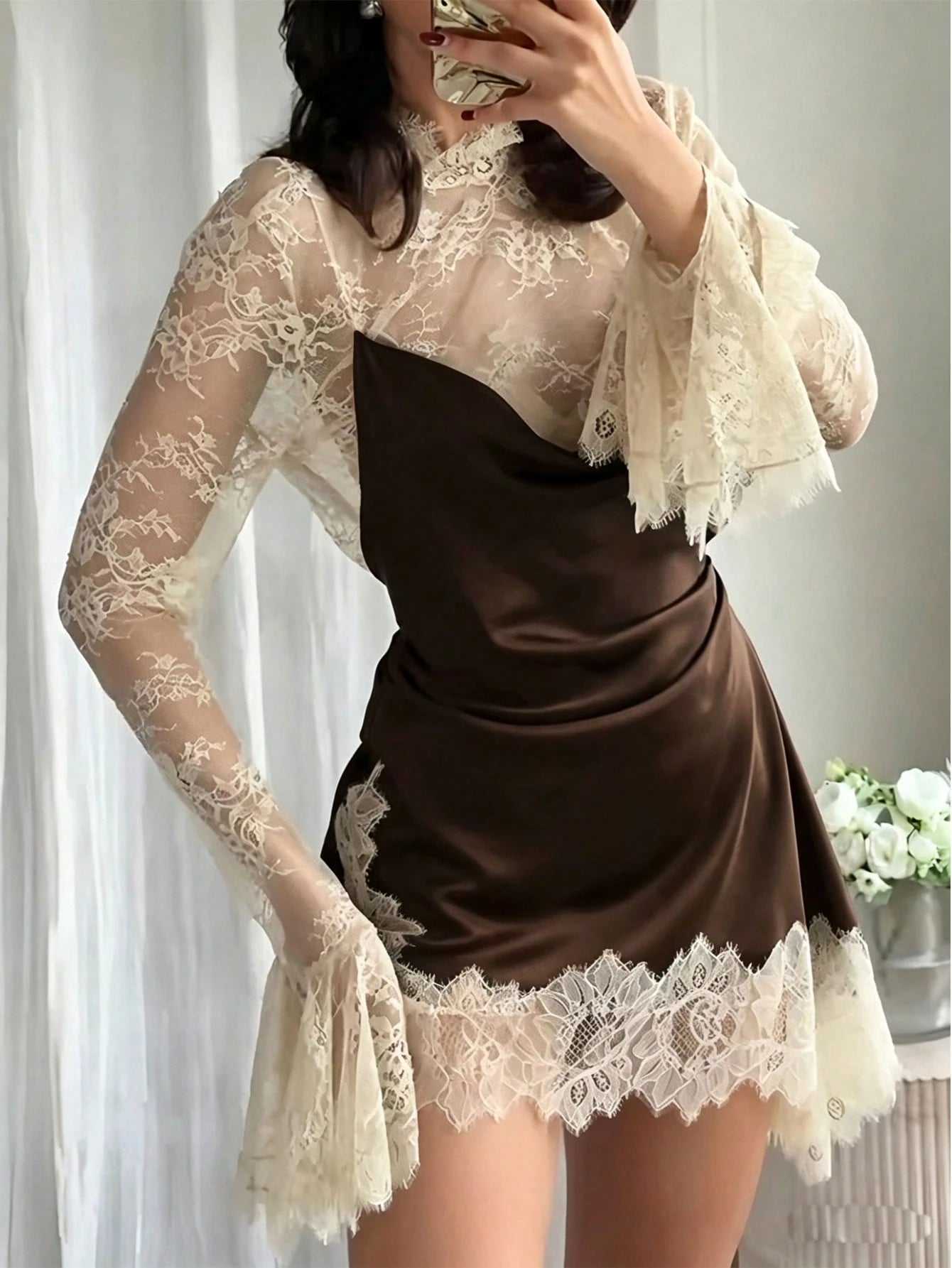 Sexy Lace Patchwork Dress, Contrast Color Bell Sleeve Short Dress, Fashionable Elegant Women Evening Gown Party Spring Black