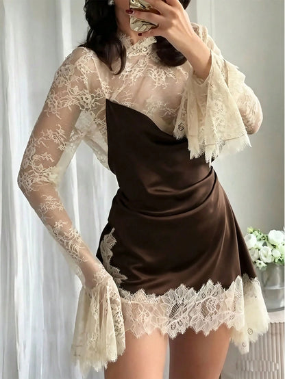 Sexy Lace Patchwork Dress, Contrast Color Bell Sleeve Short Dress, Fashionable Elegant Women Evening Gown Party Spring Black