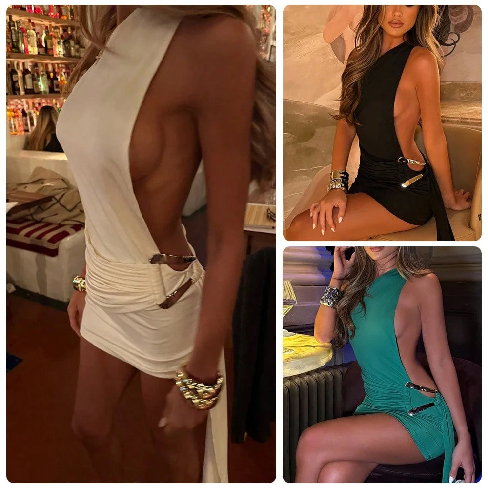 Sexy Metallic Buckle Waist Bodycon Dress Women 2026 Slim Fit Night Club Party Mini Dress Chic Outfit