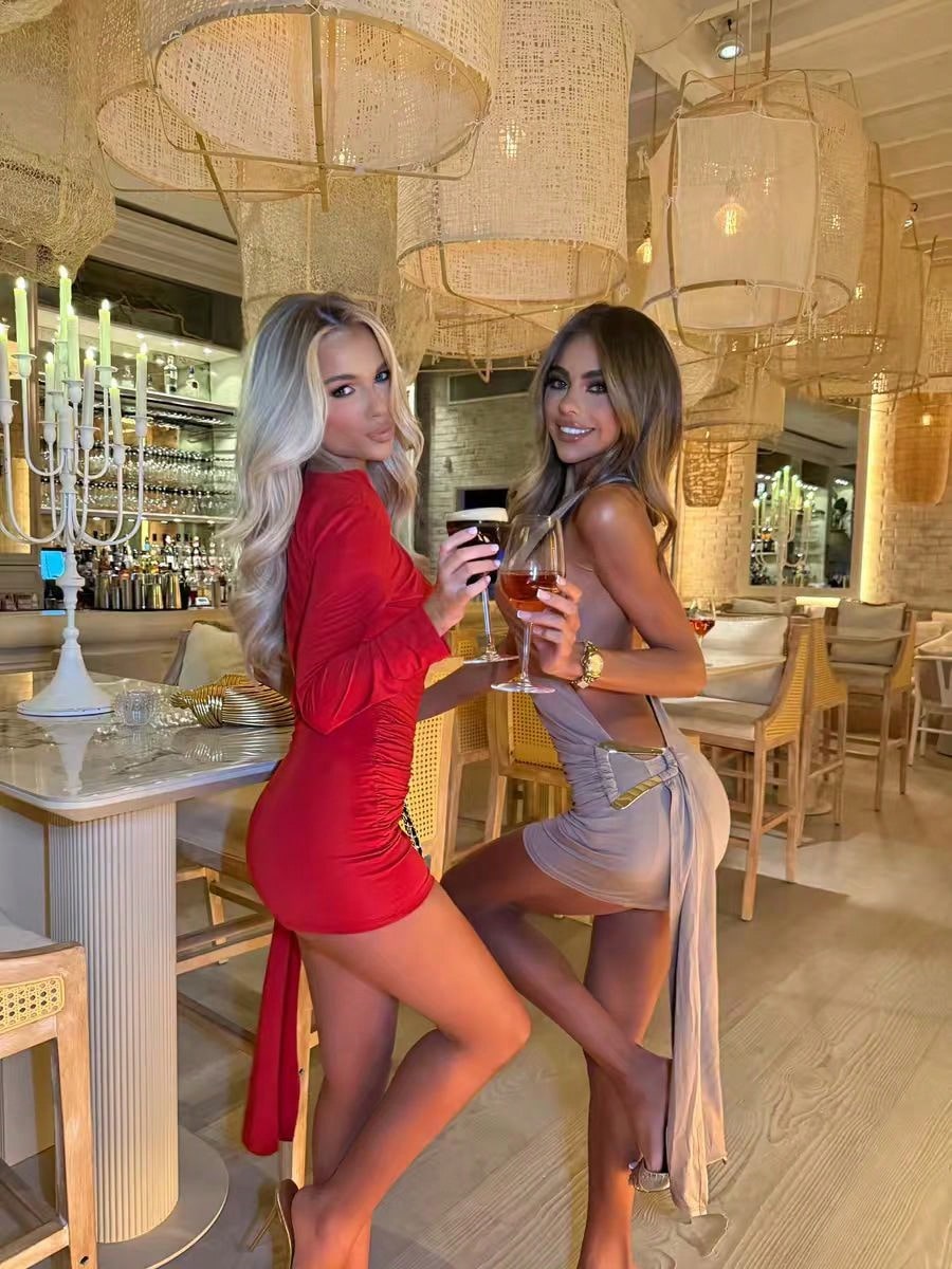 Sexy Metallic Buckle Waist Bodycon Dress Women 2026 Slim Fit Night Club Party Mini Dress Chic Outfit