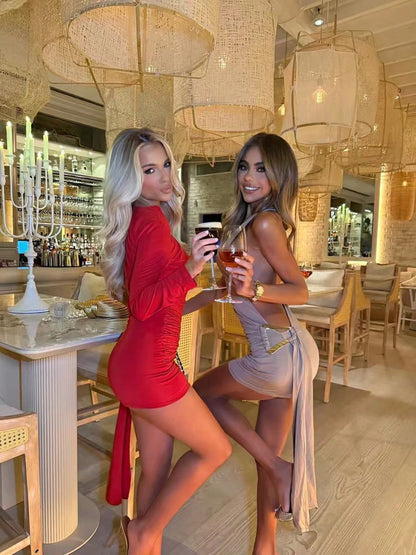Sexy Metallic Buckle Waist Bodycon Dress Women 2026 Slim Fit Night Club Party Mini Dress Chic Outfit