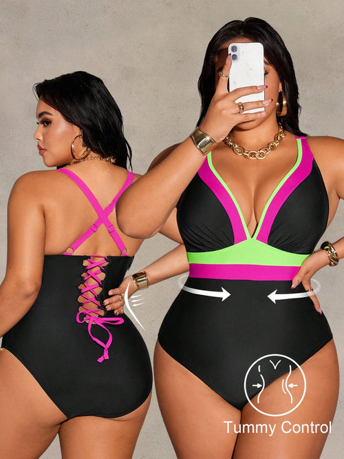 Shapewave 2026 New Summer Beach Vacation Casual Conservative Multicolor Patchwork Adjustable Plus Size One-Piece Swimsuit