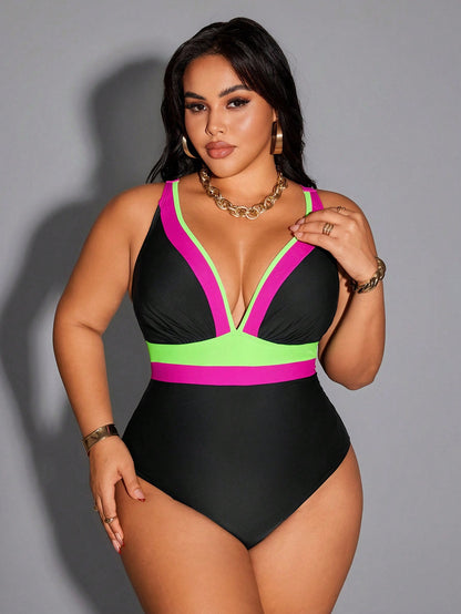 Shapewave 2026 New Summer Beach Vacation Casual Conservative Multicolor Patchwork Adjustable Plus Size One-Piece Swimsuit