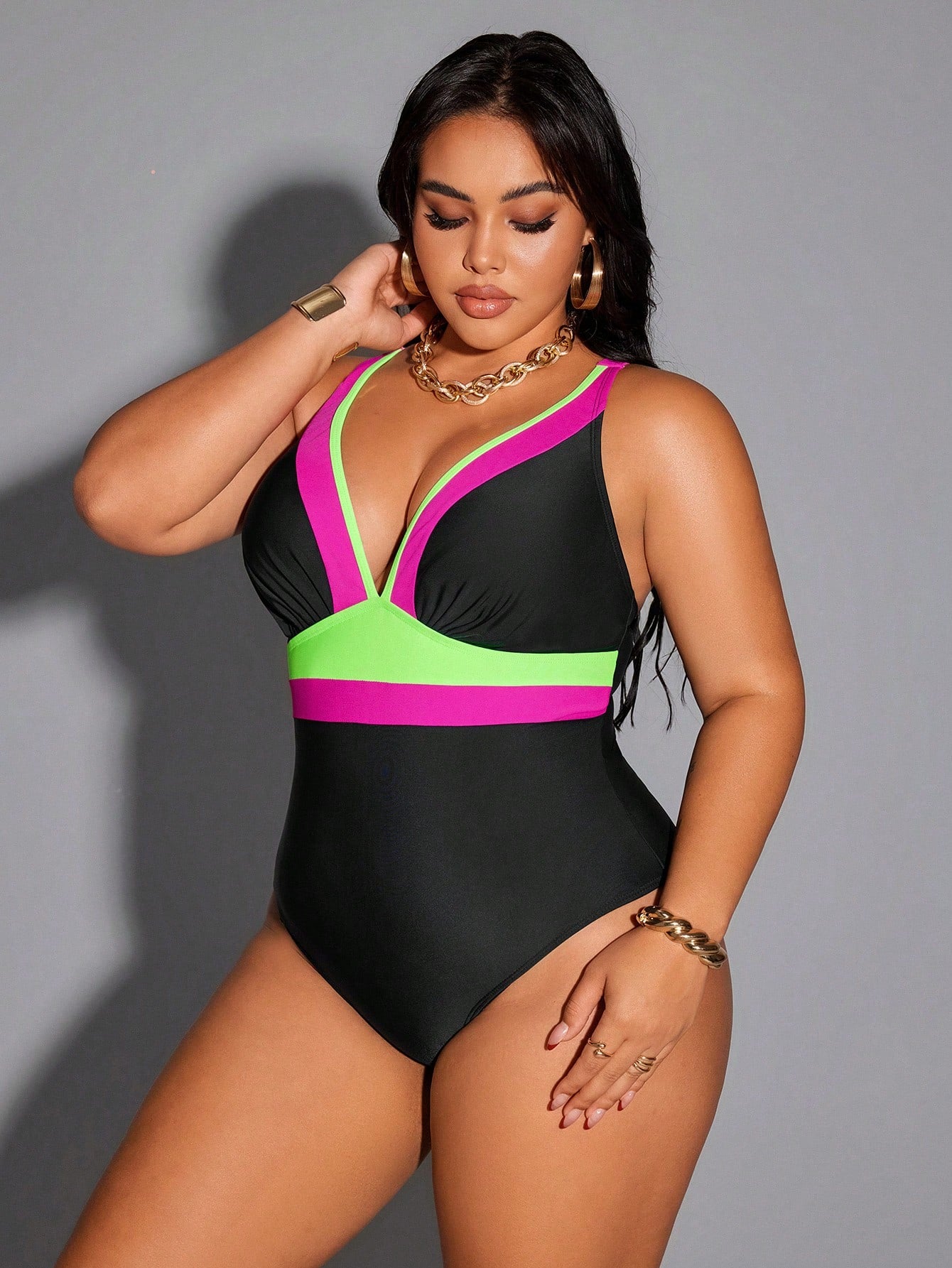 Shapewave 2026 New Summer Beach Vacation Casual Conservative Multicolor Patchwork Adjustable Plus Size One-Piece Swimsuit
