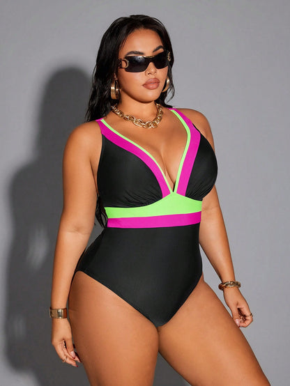 Shapewave 2026 New Summer Beach Vacation Casual Conservative Multicolor Patchwork Adjustable Plus Size One-Piece Swimsuit