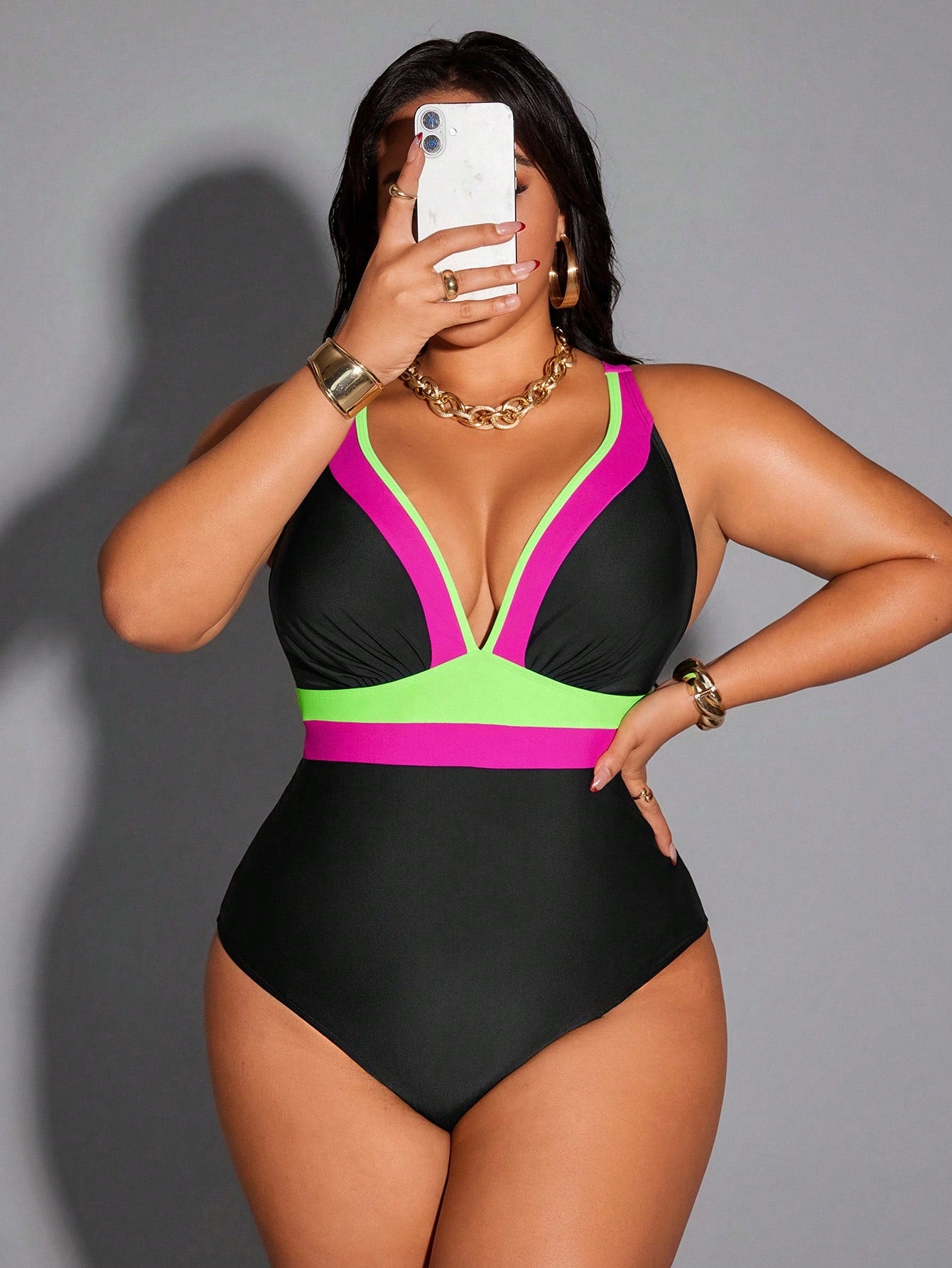 Shapewave 2026 New Summer Beach Vacation Casual Conservative Multicolor Patchwork Adjustable Plus Size One-Piece Swimsuit