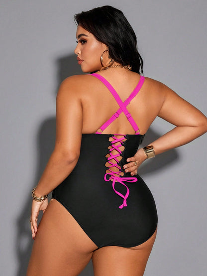 Shapewave 2026 New Summer Beach Vacation Casual Conservative Multicolor Patchwork Adjustable Plus Size One-Piece Swimsuit