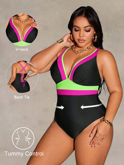 Shapewave 2026 New Summer Beach Vacation Casual Conservative Multicolor Patchwork Adjustable Plus Size One-Piece Swimsuit