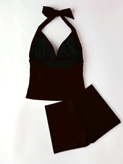 Shapewave Women's Vacation Style Ruched Halter Tie Tankini Top And Shorts Swimwear Set