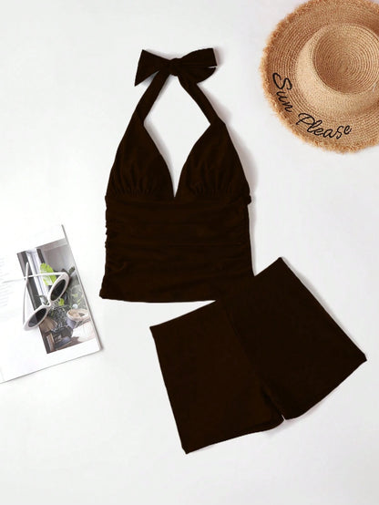 Shapewave Women's Vacation Style Ruched Halter Tie Tankini Top And Shorts Swimwear Set