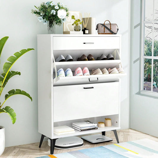 Shoe Storage Cabinet For Entryway, Free Standing Shoe Organizer With 2 Flip Drawers,Hidden Shoe Rack Storage Organizer For Doorway Hallway Closet, White