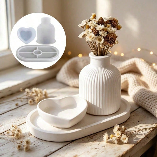 SILIKE LUFEI 3pcs Striped Vase & Heart Plate & Tray Set Mold Suitable For Making Resin, Plaster, Candle, Aromatherapy Products Home Decor Wedding Display Silicone Mold