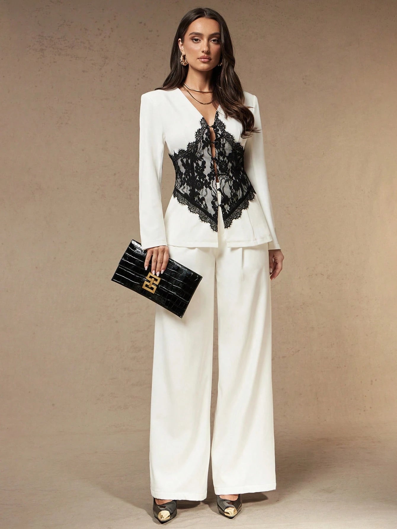 Silquee Women's Black Lace-Paneled V-Neck White Blazer (Autumn/Winter)Elegant Business Work Outfits For Women Casual Office