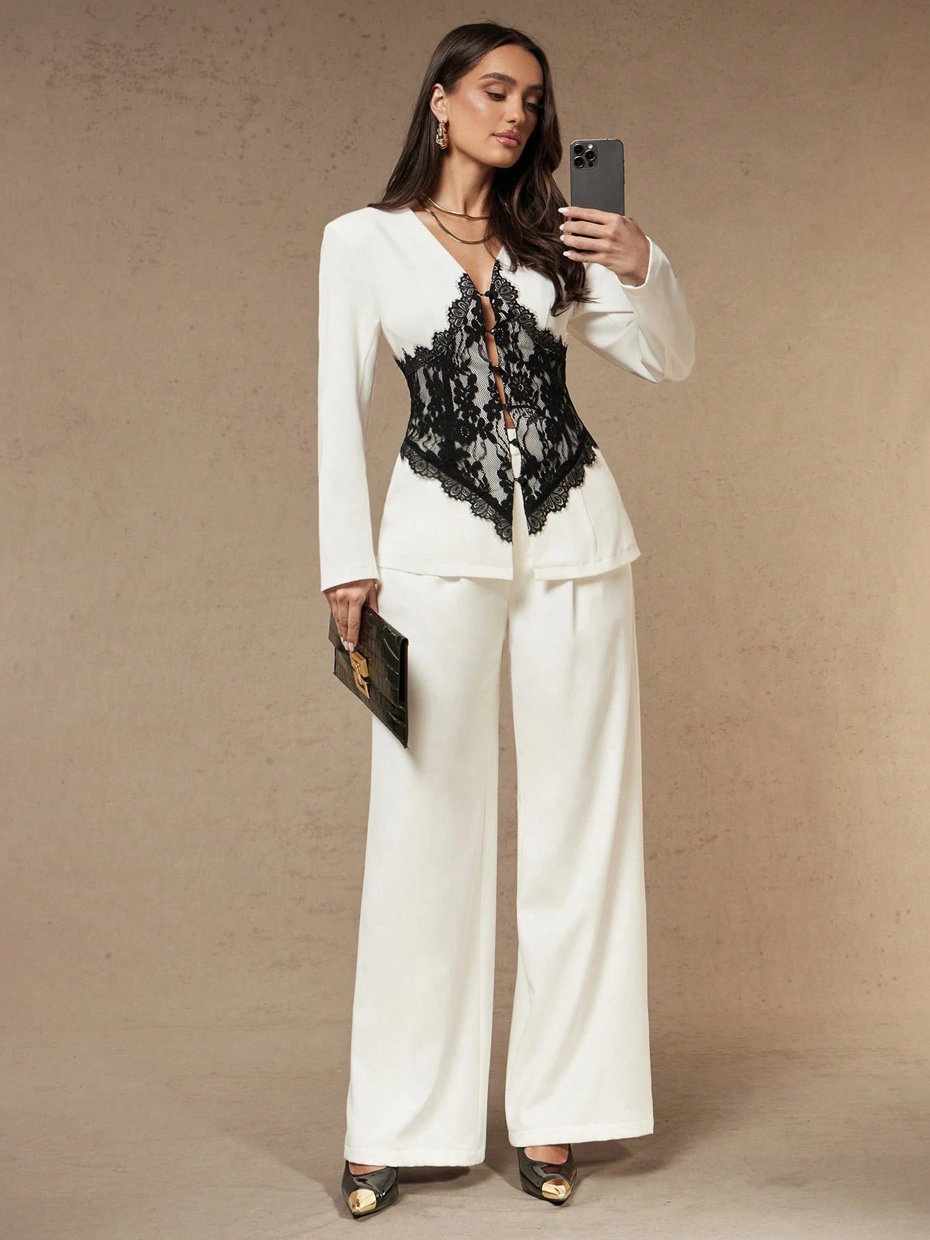 Silquee Women's Black Lace-Paneled V-Neck White Blazer (Autumn/Winter)Elegant Business Work Outfits For Women Casual Office
