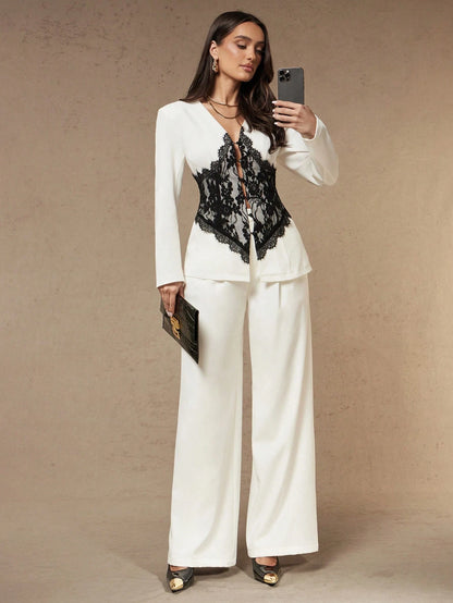 Silquee Women's Black Lace-Paneled V-Neck White Blazer (Autumn/Winter)Elegant Business Work Outfits For Women Casual Office