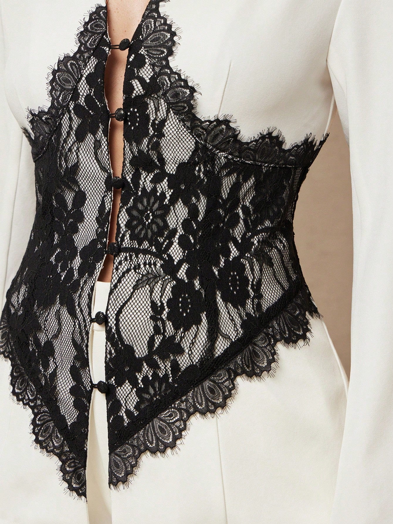 Silquee Women's Black Lace-Paneled V-Neck White Blazer (Autumn/Winter)Elegant Business Work Outfits For Women Casual Office
