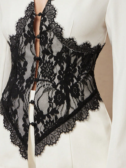 Silquee Women's Black Lace-Paneled V-Neck White Blazer (Autumn/Winter)Elegant Business Work Outfits For Women Casual Office