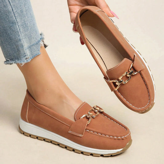Simple Metal Buckle Loafers, Versatile Slip-On Wedge Flats For Women, Suitable For The Workplace.