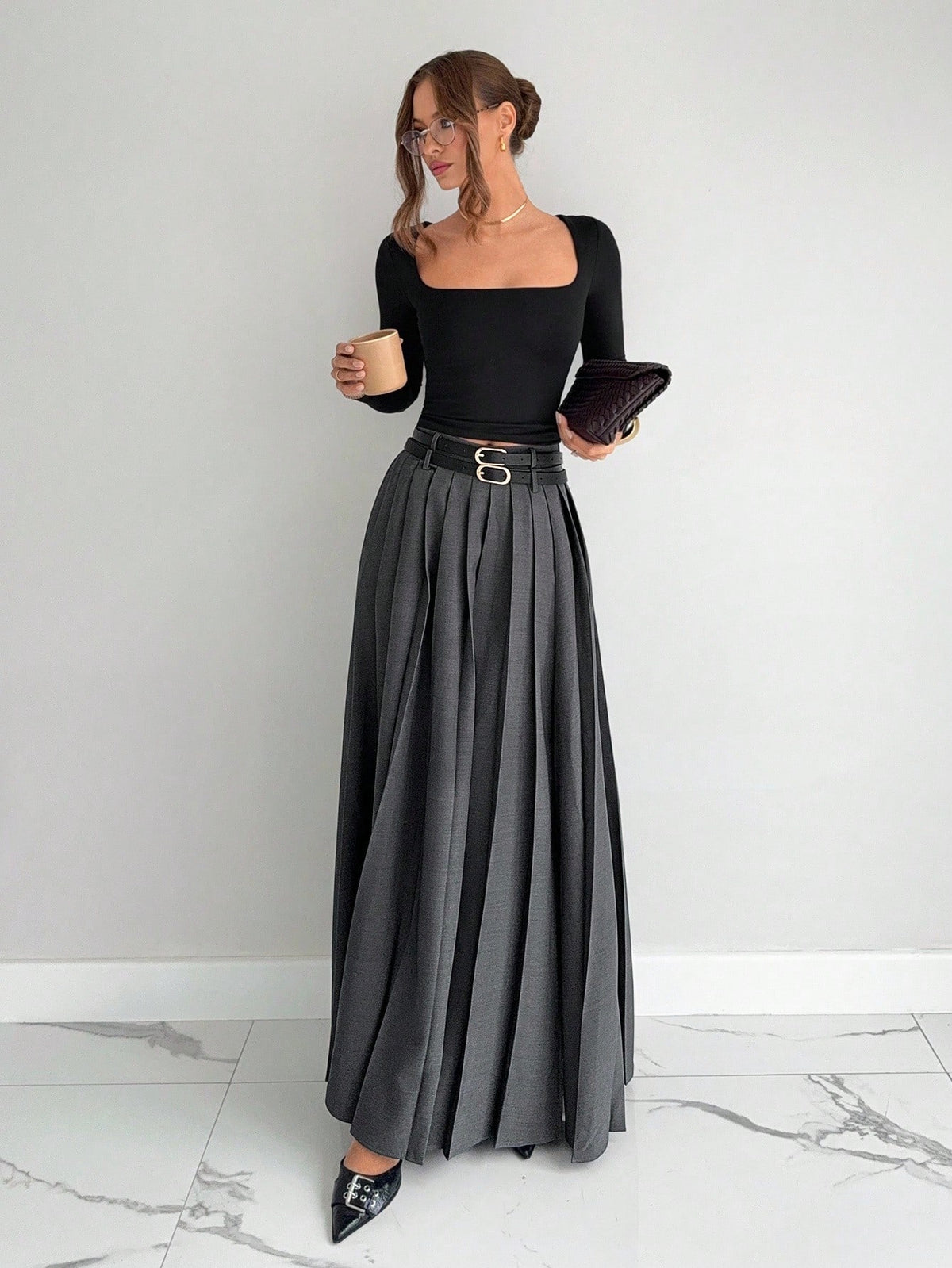 Siren Gaze 2025 New Women's Gray Winter Elegant Dining Pleated Skirt,High Waist A Line Long Skirt With Double Belts & Side Slit Pockets,Old Money Style For Work