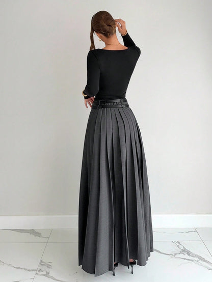 Siren Gaze 2025 New Women's Gray Winter Elegant Dining Pleated Skirt,High Waist A Line Long Skirt With Double Belts & Side Slit Pockets,Old Money Style For Work