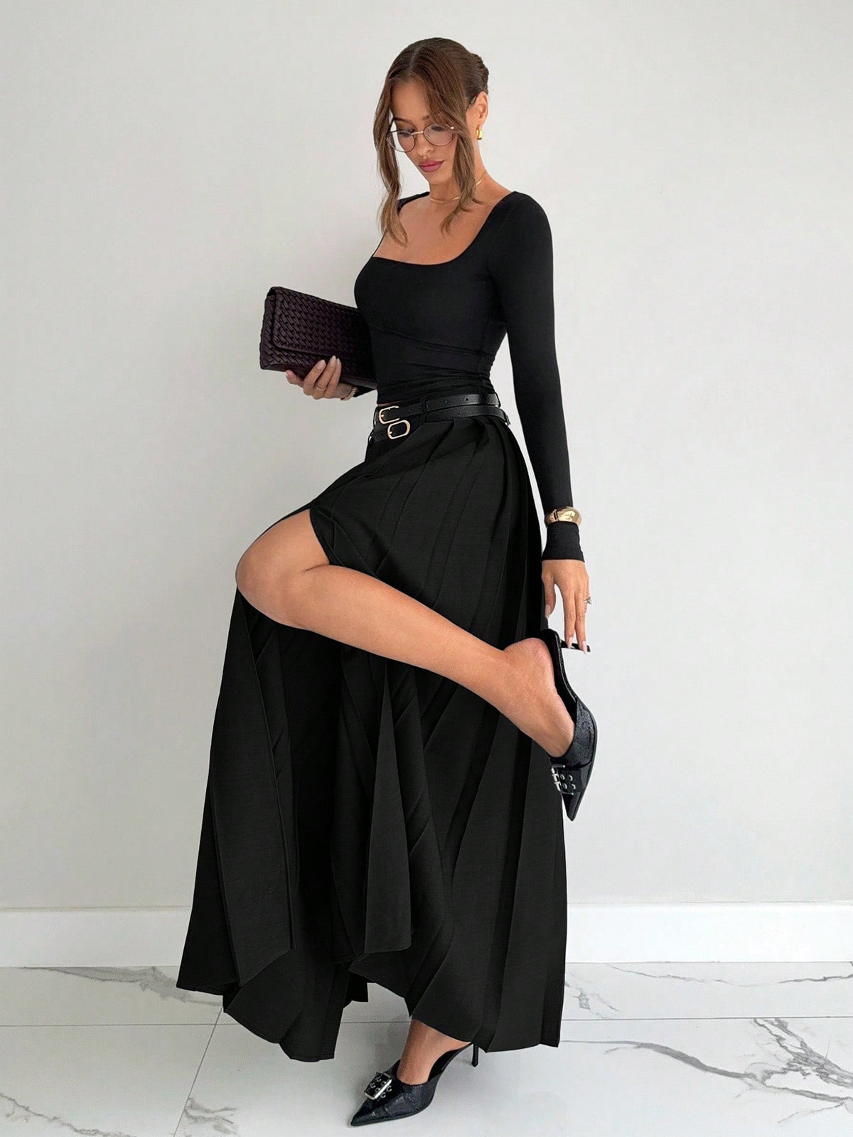 Siren Gaze 2025 New Women's Gray Winter Elegant Dining Pleated Skirt,High Waist A Line Long Skirt With Double Belts & Side Slit Pockets,Old Money Style For Work