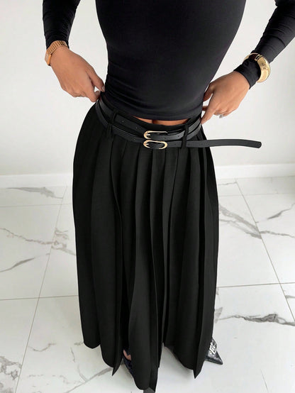 Siren Gaze 2025 New Women's Gray Winter Elegant Dining Pleated Skirt,High Waist A Line Long Skirt With Double Belts & Side Slit Pockets,Old Money Style For Work