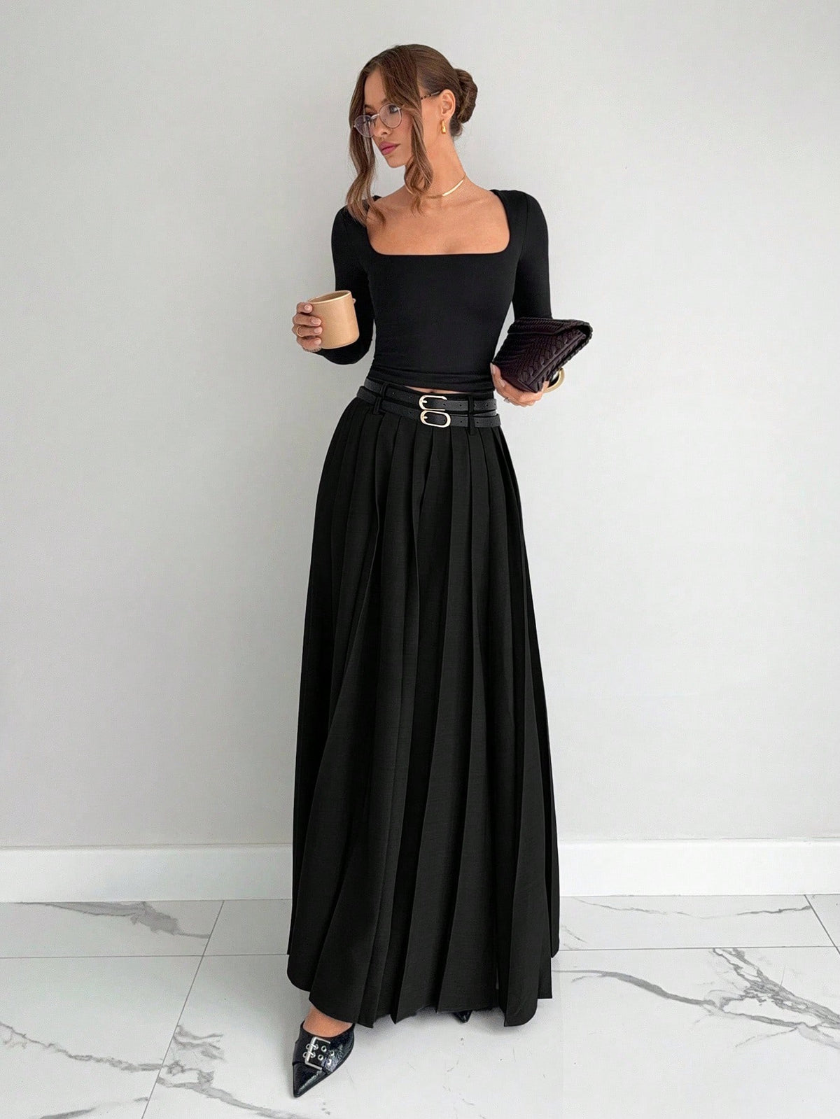 Siren Gaze 2025 New Women's Gray Winter Elegant Dining Pleated Skirt,High Waist A Line Long Skirt With Double Belts & Side Slit Pockets,Old Money Style For Work