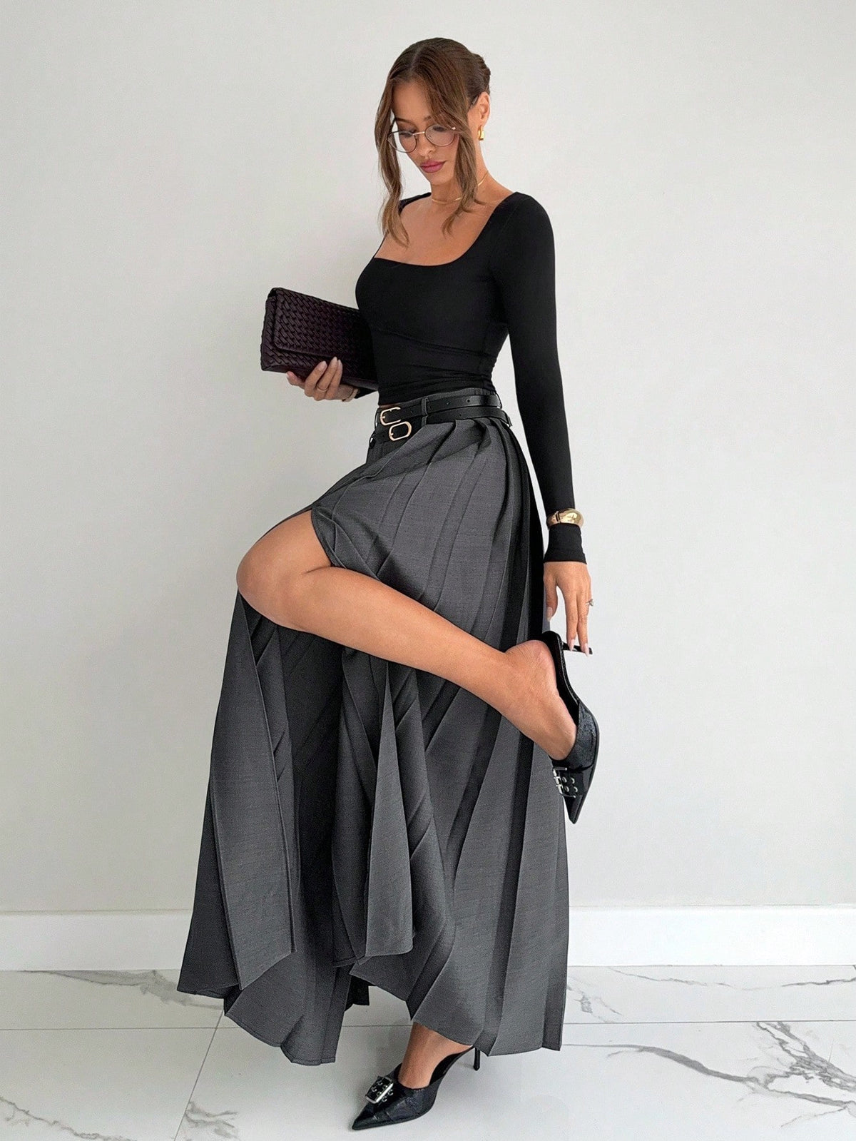 Siren Gaze 2025 New Women's Gray Winter Elegant Dining Pleated Skirt,High Waist A Line Long Skirt With Double Belts & Side Slit Pockets,Old Money Style For Work