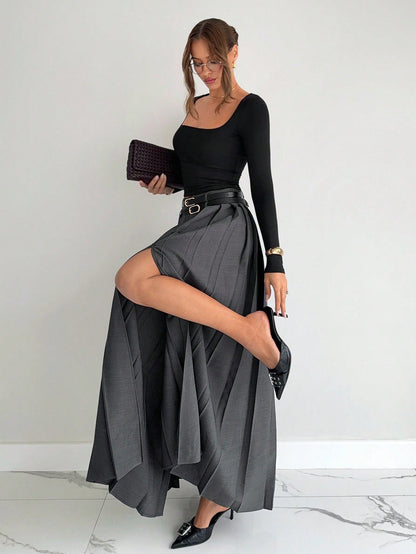 Siren Gaze 2025 New Women's Gray Winter Elegant Dining Pleated Skirt,High Waist A Line Long Skirt With Double Belts & Side Slit Pockets,Old Money Style For Work