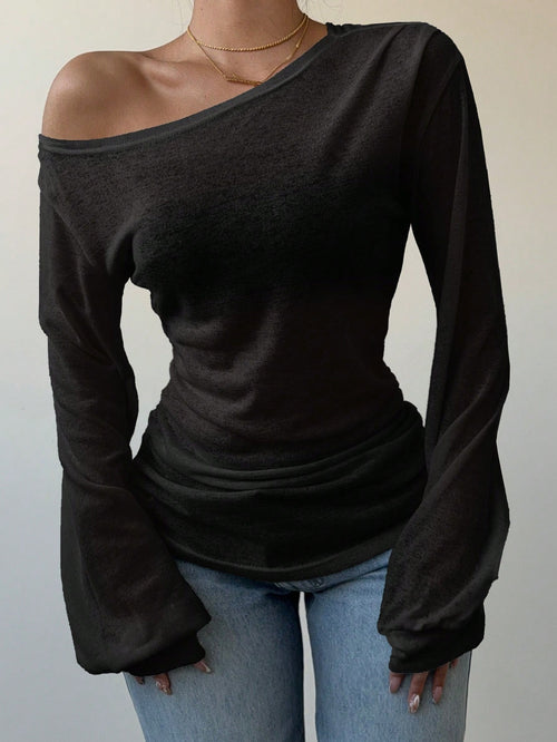 Siren Gaze Women's Black Autumn Basic Casual Night Out Long-Sleeved T-Shirt,Spring Summer Solid Color Slope Collar Loose Slouchy See-Through Off The Shoulder Top