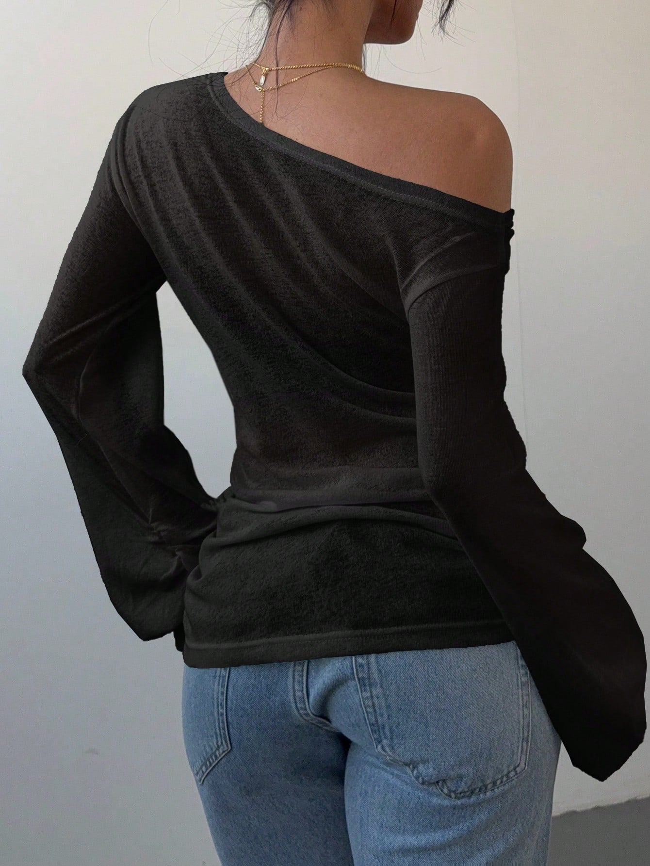 Siren Gaze Women's Black Autumn Basic Casual Night Out Long-Sleeved T-Shirt,Spring Summer Solid Color Slope Collar Loose Slouchy See-Through Off The Shoulder Top