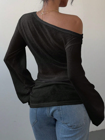 Siren Gaze Women's Black Autumn Basic Casual Night Out Long-Sleeved T-Shirt,Spring Summer Solid Color Slope Collar Loose Slouchy See-Through Off The Shoulder Top