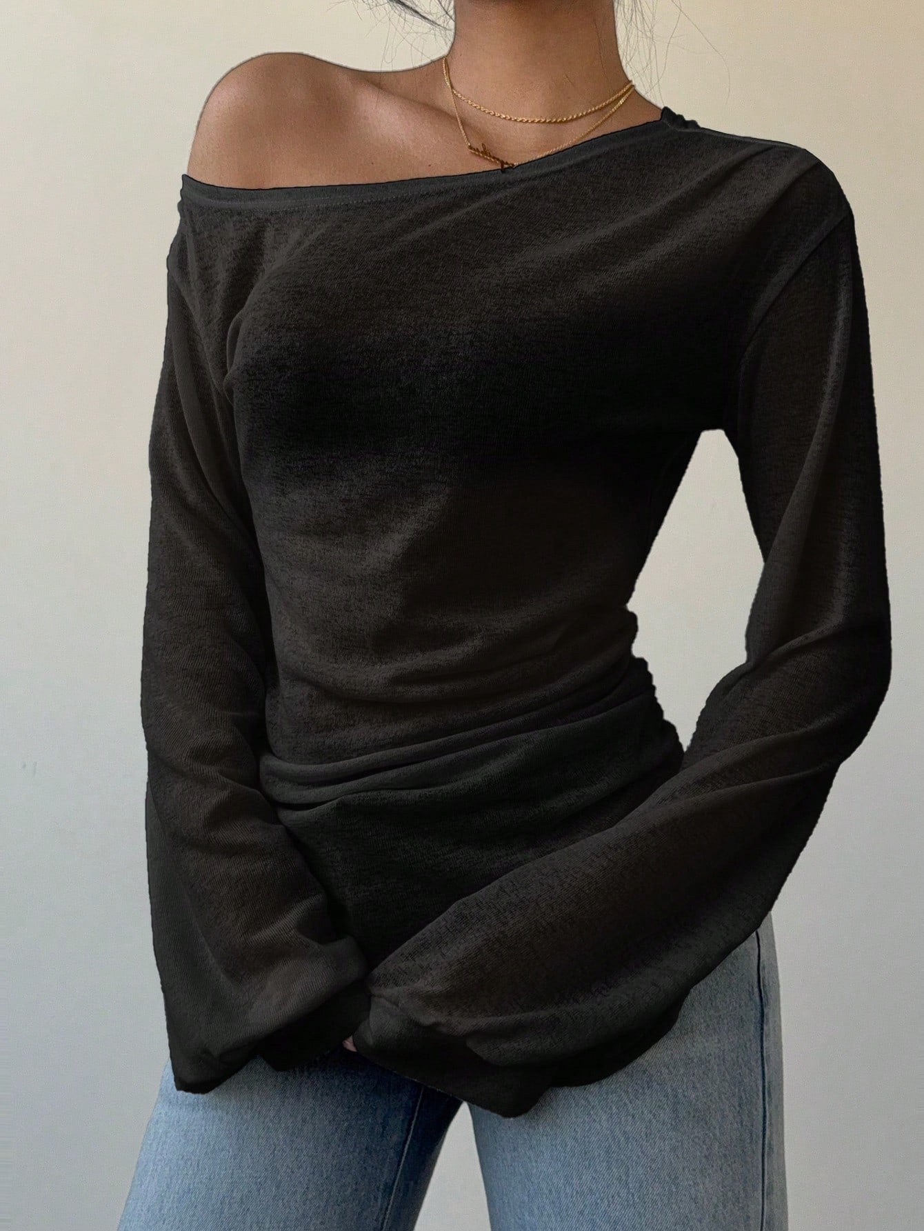 Siren Gaze Women's Black Autumn Basic Casual Night Out Long-Sleeved T-Shirt,Spring Summer Solid Color Slope Collar Loose Slouchy See-Through Off The Shoulder Top