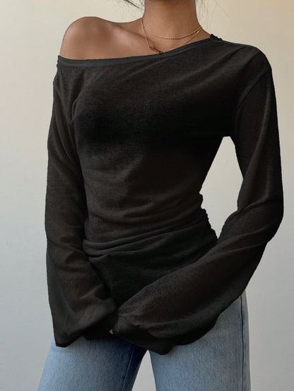 Siren Gaze Women's Black Autumn Basic Casual Night Out Long-Sleeved T-Shirt,Spring Summer Solid Color Slope Collar Loose Slouchy See-Through Off The Shoulder Top