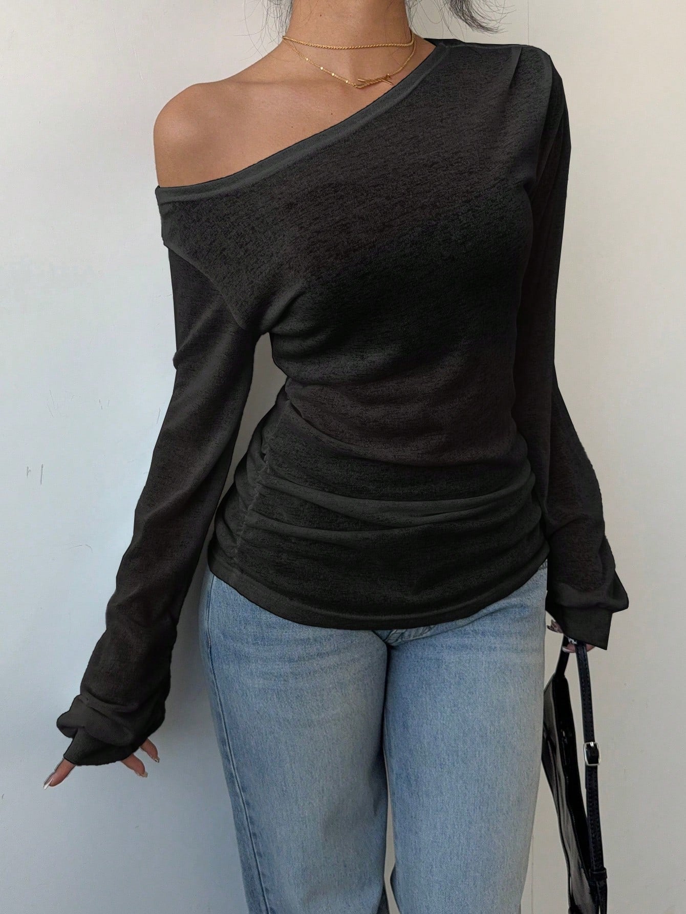 Siren Gaze Women's Black Autumn Basic Casual Night Out Long-Sleeved T-Shirt,Spring Summer Solid Color Slope Collar Loose Slouchy See-Through Off The Shoulder Top
