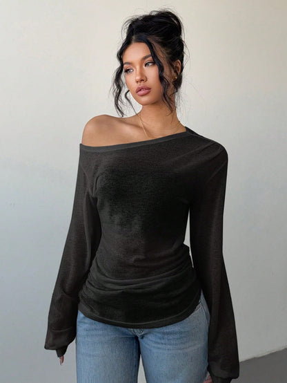 Siren Gaze Women's Black Autumn Basic Casual Night Out Long-Sleeved T-Shirt,Spring Summer Solid Color Slope Collar Loose Slouchy See-Through Off The Shoulder Top