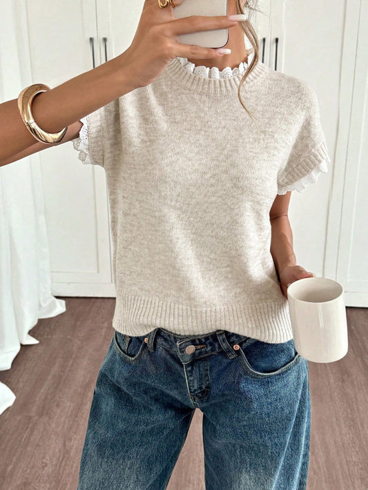 Siren Gaze Women's Elegant Lace Patchwork Versatile Fashionable Knit Top,Four Seasons Commute Office Festival TeaPartyBirthdayBack To School Casual Work Autumn